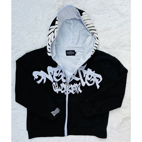 Y2K Black SZ S Irregular Pattern Gothic Punk Full Zip-Up Hoodie Jacket - Picture 9 of 15